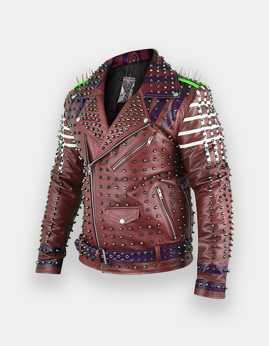 Men's Burgundy & White Studded Leather Jacket with Patches